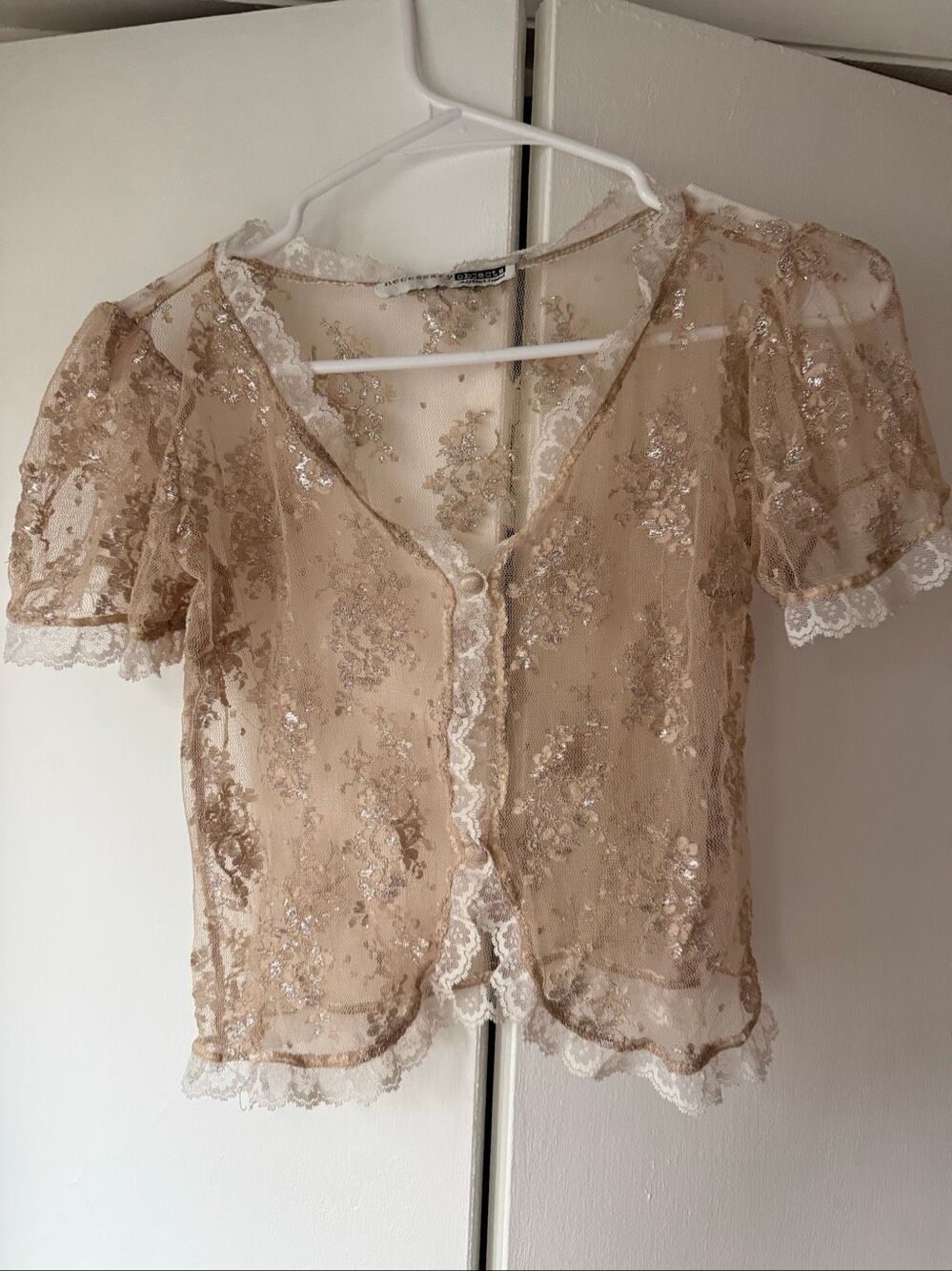 Tan Lace Silver Gold Short Sleeve Lingerie Dainty Girly One Size Sorority Blouse